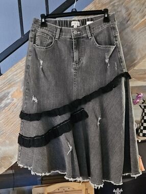 POL Charcoal Gray Distressed Denim Midi Skirt with Black Ruffle Trim